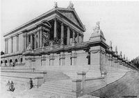 Le Temple de Mercure du Puy de Dôme. Essai de reconstitution du temple de Mercure (Désarménien, 1923). Cliquer pour agrandir l'image.