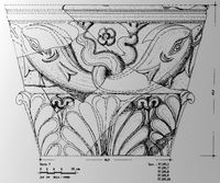 Le Temple de Mercure du Puy de Dôme. Dessin de reconstitution d'un parement de marbre aux dauplins. Cliquer pour agrandir l'image.
