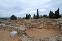 The ruins of the Roman city of Pollentia Mallorca - Atrium and cubicles of the right wing of the House of Two Treasures in the district of Sa Portella. Click to enlarge the image.