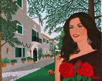 La ville de Deià à Majorque. Catherine Zeta-Jones devant l'hôtel Sa Pedrissa, peinture à l'huile de Denis Brugger. Cliquer pour agrandir l'image.