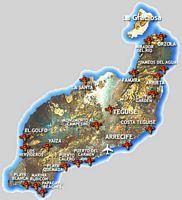 Het eiland Lanzarote in de Canarische Eilanden. Toeristische kaart van het eiland Lanzarote. Klikken om het beeld te vergroten.