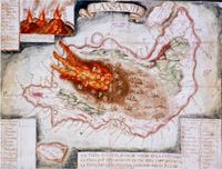 O parque nacional de Timanfaya em Lanzarote. Mapa da erupção de 1730 pintado em Novembro de 1730. Clicar para ampliar a imagem.