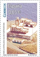Le village de Las Playitas à Fuerteventura. Timbre commémoratif du phare de La Entallada (Correos de España). Cliquer pour agrandir l'image.