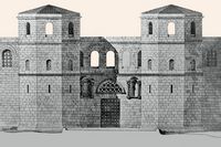Reconstitución de la Puerta de Hierro del Palacio de Diocleciano por Ernest Hébrard. Haga clic para ampliar la imagen.