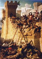 Cavaleiros de Rodes - Sede de acre, Mathieu de clermont que defende os muros em 1291. Clicar para ampliar a imagem.