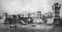 Fortificaciones de Rodas, pintura de Étienne Flandin, 1853. Haga clic para ampliar la imagen.