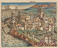 Middeleeuwse stad Rhodos, gravure van de 15e eeuw. Klikken om het beeld te vergroten.