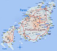 L'île de Paros en Grèce. Carte touristique. Cliquer pour agrandir l'image.