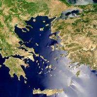 Satellitaire foto van Egeïsche Zee. Klikken om het beeld te vergroten.