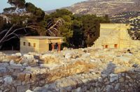 Le palais de Cnossos à Héraklion en Crète. Bassin lustral du nord. Cliquer pour agrandir l'image.
