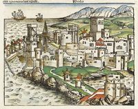 De middeleeuwse stad Rhodos - denkbeeldige Gravure van Rhodos door H. Schnebel, Neurenberg, 1493. Klikken om het beeld te vergroten.