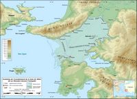 Le site archéologique de Milet en Anatolie. Ensablement de la baie de Milet dû au Méandre (auteur Éric Gaba). Cliquer pour agrandir l'image.
