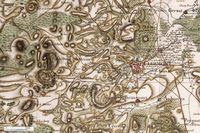 La Chaîne des Puys en Auvergne. La Chaîne des Puys sur la carte de Cassini en 1750. Cliquer pour agrandir l'image.