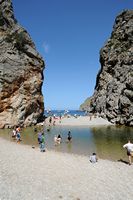 The village of Sa Calobra Mallorca - Beach torrent Pareis. Click to enlarge the image in Adobe Stock (new tab).