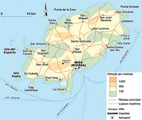 Het eiland Ibiza - Fysieke kaart van het eiland. Klikken om het beeld te vergroten.