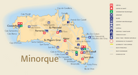 L'île de Minorque aux Baléares. Carte touristique. Cliquer pour agrandir l'image.