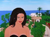 La ville de Deià à Majorque. Catherine Zeta-Jones devant s'Estaca, peinture à l'huile de Denis Brugger. Cliquer pour agrandir l'image.