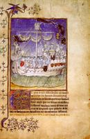 De geschiedenis van de Canarische Eilanden. Vertrek van de expeditie van Jean de Béthencourt. Klikken om het beeld te vergroten.