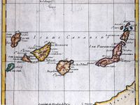 El archipiélago de las Islas Canarias. Mapa de Canarias de Rigobert Bonne en 1780. Haga clic para ampliar la imagen.