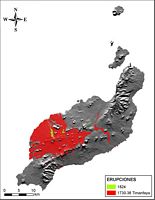 Le parc national de Timanfaya à Lanzarote. Carte des éruptions volcaniques (auteur IGN). Cliquer pour agrandir l'image.