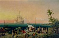 A aldeia de Playa Blanca em Lanzarote. Descubra de Lanzarote por Jean de Béthencourt (Pintura Ambroise Louis Garneray, 1848). Clicar para ampliar a imagem.