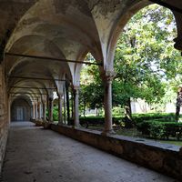 Cloister of the Benedictine abbey. Click to enlarge the image in Adobe Stock (new tab).
