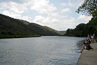 The unloading dock of the boat of Skradin with Skradinski Buk. Click to enlarge the image.