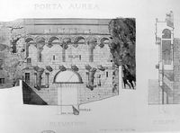 La ville de Split en Croatie. Le palais de Dioclétien. Dessin de la Porte d'Or du Palais de Dioclétien par Ernest Hébrard. Cliquer pour agrandir l'image.