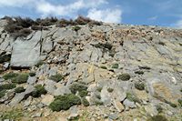 La ville d’Anogia en Crète. Éponges pétrifiées par la silice entre des plaques inclinées de calcaire à Pétradolakia. Cliquer pour agrandir l'image dans Adobe Stock (nouvel onglet).