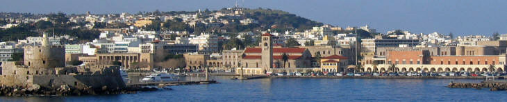 Panoramic photo of Mandraki harbor in Rhodes