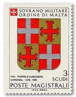 Ridders van Rhodos - Postzegel, wapens van Pierre van Aubusson. Klikken om het beeld te vergroten.