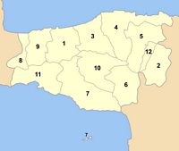 Le département de Réthymnon en Crète. Liste des cantons du département de Réthymnon (auteur Pitichinaccio). Cliquer pour agrandir l'image.