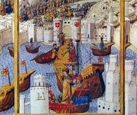 Arrivée du prince Cem à Rhodes en 1482. Cliquer pour agrandir l'image.