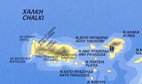 L’île de Chalki dans le Dodécanèse. Carte de l'île. Cliquer pour agrandir l'image.