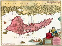 Connaissance de l'île de Corfou. Carte de Corfou vers 1713 par Pieter Aa. Cliquer pour agrandir l'image.