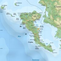L’île de Corfou en mer Ionienne. Carte topographique (auteur Éric Gaba). Cliquer pour agrandir l'image.