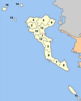 L’île de Corfou en mer Ionienne. Limites des cantons de la commune de Corfou (auteur Pitichinaccio). Cliquer pour agrandir l'image.