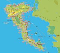 L’île de Corfou en mer Ionienne. Carte routière avec indication des distances. Cliquer pour agrandir l'image.