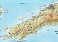 L’île d’Hydra dans le golfe Saronique.Carte topographique de l'ouest de l'île. Cliquer pour agrandir l'image.