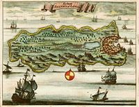 Gravure van het eiland Lango (Kos) in 1697 (Uitgever Dapper). Klikken om het beeld te vergroten.