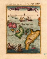 Gravura sobre cobre do mapa das ilhas de Lero (Leros), Calamo (Calymnos) e Lango (Kos), por Alain Manesson Mallet, Francoforte, 1719. Clicar para ampliar a imagem.
