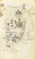 L'île de Cos au temps des Chevaliers. Gravure de Cristoforo Buondelmonti vers 1429. Cliquer pour agrandir l'image.
