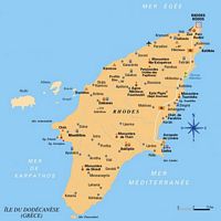 Carte routière en français de l'île de Rhodes. Cliquer pour agrandir l'image.