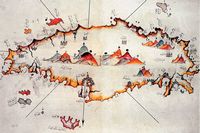 L’île de Crète à l'époque ottomane. Carte de Candie par l'amiral ottoman Piri Reis au 16e siècle. Cliquer pour agrandir l'image.