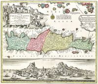 L’île de Crète à l'époque vénitienne. Carte de la Crète vénitienne (Lotter Conrad Tobias, vers 1750). Cliquer pour agrandir l'image.