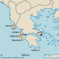 La mer Ionienne en Grèce. Carte des îles Ioniennes (auteur Pitichinaccio). Cliquer pour agrandir l'image.