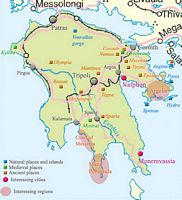 La région du Péloponnèse. Carte des sites archéologiques. Cliquer pour agrandir l'image.