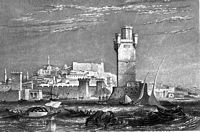 La torre de Naillac en Rodas - Grabado de Turner hacia 1830. Haga clic para ampliar la imagen.