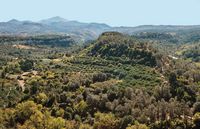 Le site archéologique d'Eleutherne en Crète. Vue aérienne du site archéologique (auteur  MaE). Cliquer pour agrandir l'image.
