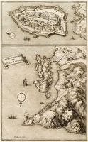 L’île de Spinalonga en Crète. Gravure de la forteresse de Spinalonga par Olfert Dapper en 1688. Cliquer pour agrandir l'image.